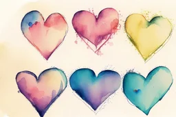 Five Abstract watercolour hearts with sketchy pencil outlines