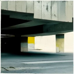 Minimal contemporary abstract oil paintings of desolate 1960s carpark with road markings and concrete fragments. Overlay with grungy typography graphics. style of Justin Mortimer and Francis Bacon.