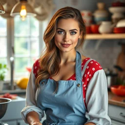 A hyper-realistic, A stunning woman in a vibrant kitchen, her eyes twinkling as she cooks., her apron billowing in the breeze. , full size ,Photo Real, HOF, full size, practicality,manufacturability,performance, (((realism, realistic, realphoto, photography, portrait, realistic, elegant, charming, , professional photographer, captured with professional DSLR camera, trending on Artstation, 64k, ultra detailed, ultra accurate detailed, bokeh lighting, surrealism, Thomas Kinkade backgroun