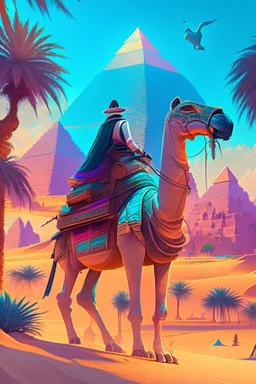 A traveler riding a camel in the Egyptian desert passes through the Egyptian pyramids and Pharaoh's tomb. The Nile River and palm trees can be seen around. Statues of Egyptian gods can be seen around the Nile River, digital art, colorful, cinematic, fantasy, anime style, 8k, full details, high resolution