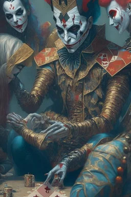 A harlequin character, playing cards with other people , sf, intricate artwork masterpiece, ominous, matte painting movie poster, golden ratio, trending on cgsociety, intricate, epic, trending on artstation, by artgerm, h. r. giger and beksinski, highly detailed, vibrant, production cinematic character render, ultra high quality model