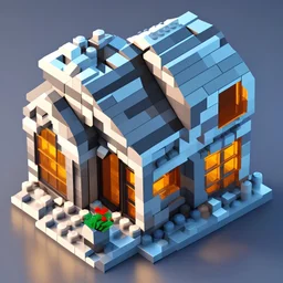 3d rendering of small house buildt by lego blocks on shiny glass surface