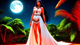 Ixchel depicted as a Mayan woman with long black hair, wearing a flowing white gown adorned with intricate patterns, standing against a full moon in a starry night sky, surrounded by lush green jungle foliage., redscale, red light leaks, warm, bright sunlight, volumetric lighting,dimensional 3D illumination