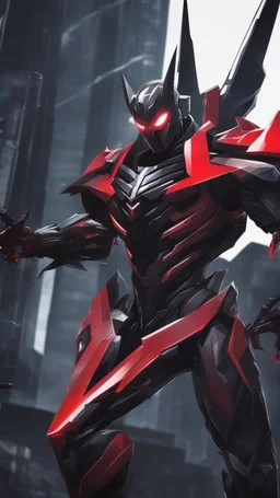 A close picture to Mix between transformers and venom symbiote in solo leveling shadow art style with red details detailsis in fantasy world