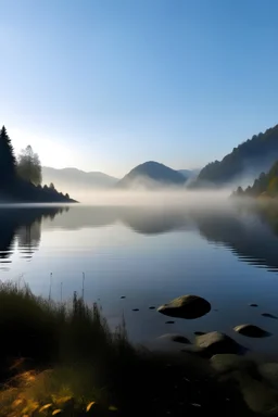 A serene lakeside at dawn with mist rolling over the water and mountains in the background.