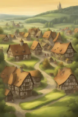 german medieval village, fantasy, with farmers' fields