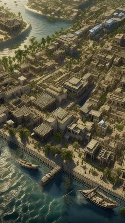 A top view of the Mesopotamian city by the river 5000 bc with stores and people are shopping and tower temple,surrealism of the dark of a nightmare ten miles high and six foot deep, hyper photorealistic, hyper detailed clear art color, high resolution, octane render, tilt shift, HDRI Environment, all pictures gray