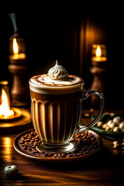 A cozy pub on a rainy day, a steaming mug of Irish coffee in hand. The rich, creamy foam swirls with hints of nutmeg and cinnamon, inviting you to take a sip and warm your soul,Without background