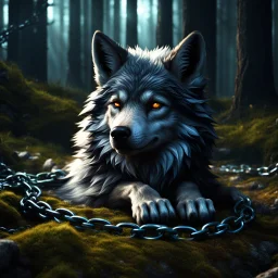 sad small scruffy wolf in chains laying down eyes closed, photorealistic, 4k, dark fantasy, forest