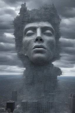 surrealis monochrome A fragmented, surreal sculpture liguid blue color of photorealistic image 3d,psychedelic art glossy emerging from devilish a crumbling empire state building. The face appear and intricate details, evoking a haunting expression. set against a backdrop of stormy, cloud-filled skies. bauhaus art The overall tone is dark blue and moody, suggesting themes of decay and transformation.