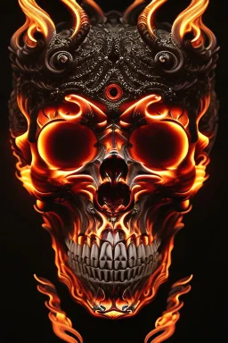 A beautiful highly detailed ornate intricate portrait of a flaming demon skull made of shiny obsidian glass :: reflective, glassy :: subtractive lighting, backlit :: by John William Waterhouse, Greg Rutkowski, HR Giger :: hyperrealistic, hyper detailed, photorealistic :: epic, incredible composition, amazing depth, meticulously composed, 16k resolution concept art :: fantasy magazine cover art