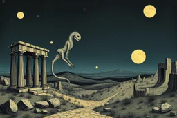 An surreal stunning image by Margaret Macdonald Mackintosh , El Kazovszkij, Abigail Penner, Quentin Blake creature from another world, landscape, ancient ruins, moons, lines, and objects, dreamlike, fantasy