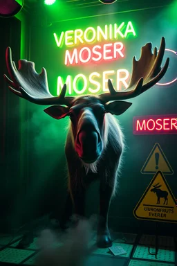 An big female moose with big eyes "Veronika Moser" performing at dance club, her name is "Moser" HAIRY FRUITS EVERYWERE On stage, Green Neon lights and smog, and "VERONIKA MOSER" big sign on the wall, "DU UND ICH UND MOSER" red plate sign, Yellow warning sign with moose