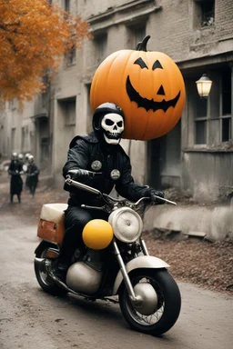 [very impressive high res masterpiece in Kodak Eastman 5247, scene by László Krasznahorkai] a halloween fruit driving a motorbike in a gigantic creamy cake