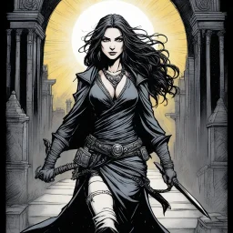[illustration by Kevin Eastman and Peter Laird] Mona exudes an enigmatic allure that captivates all who cross her path. With an air of mystery and danger, she navigates the shadows with grace, her movements both fluid and purposeful. Her piercing gaze reveals a blend of vulnerability and fierce determination, drawing others in while keeping them at arm’s length. As a mercenary, she embodies a modern-day antihero, straddling the line between light and dark. Her unpronounceable name adds an exotic