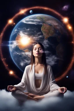 Beautiful meditating Woman connected with planets in the stunning lighting space and spirit in clouds and heaven behind her a big earth background