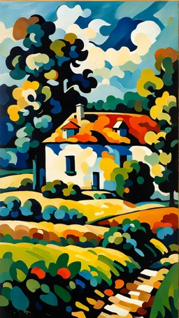 oil painting of a cottage surrounded by fields and trees in cezanne style