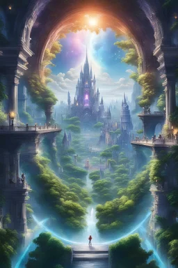 10 portals to different dimensions opening within each other coming going up from dnd far away view of fantasy city