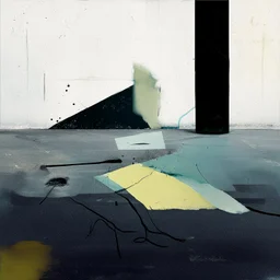 Minimal contemporary abstract oil paintings of desolate 1960s carpark with road markings and concrete fragments. Overlay with grungy typography graphics. style of Justin Mortimer and Francis Bacon.