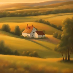 Produce an oil painting-style portrait of a serene countryside landscape during sunset. The scene should feature rolling hills, a winding river, and a quaint farmhouse bathed in warm, golden light. The painting should evoke a sense of tranquility and nostalgia with rich, textured brushstrokes.