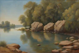 blue sky, rocks, sci-fi, lake, vegetations, friedrich eckenfelder and henry luyten impressionism paintings