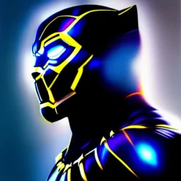 Ultra detailed fullbody Portrait in oil on canvas of black panther merges with ironman ,intense stare,extremely detailed digital painting, extremely detailed face,crystal clear Big eyes,with full head inside portrait, mystical colors ,perfectly centered image, perfect composition, rim light, beautiful lighting,masterpiece,8k, stunning scene, raytracing, anatomically correct, in the style of robert e howard and Ken Kelley and Ohrai Noriyoshi and Simon Bisley and tomzj1