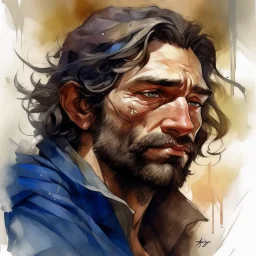 dnd, fantasy, watercolour, large strokes, stylistic, dull colors, portrait, illustration, male, face, weathered face, sly, violent, evil, vigorous, rogue, criminal