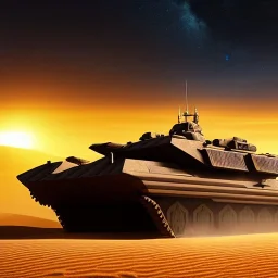 volumetric dramatic desert Battle scene with futuristic hovering military armored Hovercraft tank painted by chris foss,Laser turret, floating, 4k, 8k, [hovercraft] Minutiae, highly detailed, rivets, hovering, stripes, sunset duststorm, nimbus clouds