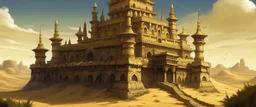 A grayish yellow sunlight castle in a desert designed in Mayan architecture painted by Zosan