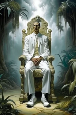 portrait of tall god looks like human but 4 times bigger than normal humans with shining eyes in full clothes, clothes like Arabs in jungle. Their face is covered in white shall only their eyes are out. Sitting on a stone chair by Dali