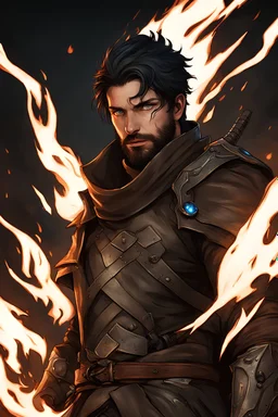 dark style, super realistic digital artwork of a fantasy hero class fighter with flames He is a male character with black hair and blue eyes, featuring a scar on his face and a beard. He wields two weapons that emit black flames. He is dressed in leather armor and a brown scarf covering his mouth. The background should be a burnt-down village with eerie, sinister shadows lurking around, adding a dark and ominous atmosphere. The artwork should convey a sense of mystery and danger, hold weapon