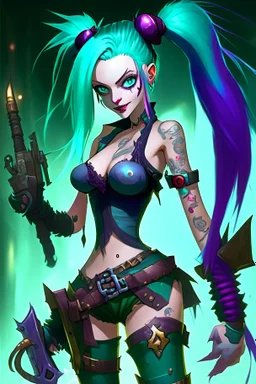 Jinx is a fictional character from the video game "League of Legends." She is typically depicted with long, blue hair and green eyes, and wears a stylish and revealing outfit that resembles a classic magicians' costume. Jinx is often armed with a variety of weapons such as swords, explosive devices, and sharp throwing stars which she uses to fight her enemies in battle. Her chaotic and unpredictable nature is reflected in her maniacal laughing and energetic movements.