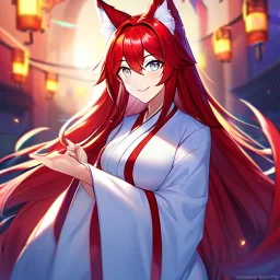 Clear focus, 8k, beautiful lighting, vibrant colors, fox girl, red hair, long hair, white eyes, miko, tail, smile,