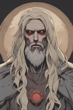 Uno zombie maschio con la barba e lunghi capelli biondi con l'aureola da Santo