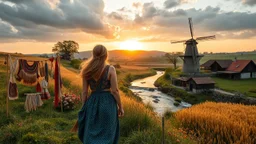 an open air Handicraft exhibition at closeup and a beautiful lady walking the exhibition in a village over high grassy hills,a small fall and river and wild flowers at river sides, trees houses ,next to Ripe wheat ready for harvest farm,windmill ,,a few village local shops ,cloudy sun set sky,a few village local shops