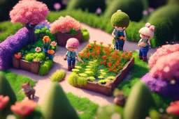 top view of a miniature flower farm scene with cute chibi anime gardener cats tending to the flower fields S<AI in sunshine, photorealistic, 3D, ethereal, cinematic postprocessing, bokeh, dof