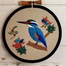 exquisite kingfisher in embroidery hoop, intricate, highly detailed, linen and wood backdrop