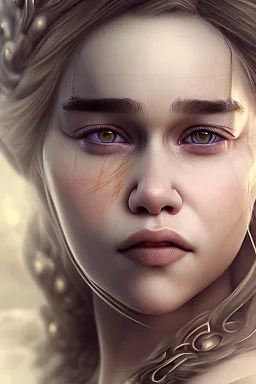 Perfect Emilia clarke face, viking clothes, fullbody, highly detailed face, highly realistic, dragon, fire, particles