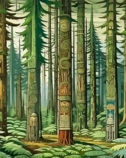 A green forest with giant trees designed in pacific Northwest totem poles painted by Albrecht Durer