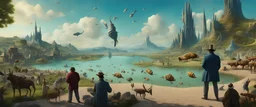 Mr Salvador Dali and Mr Hieronymus Bosch talking to each other at an outdoor surrealist market. A herd of dream-like sky-fish swim high in the far distance, with a beautiful surreal outdoor countryside summer scene with hills, paths, waterfalls, very high detail, photorealistic, epic cinematic, 8K, Large depth of field