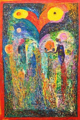 The vibration of unconditional love; a painting with an admixture of Paul Klee and Hundertwasser