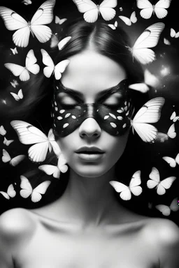 abstract a face of beautiful girl with a mask of white Butterflys flying away in black and white
