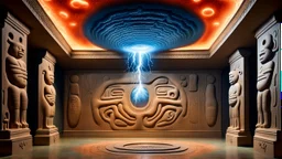 photorealistic strange paleozoic lifeform 3-foot praying "dimensional portal made of subatomic particles" in a gigantic Neanderthal jeweled palace hyeroglyphs on the walls, thunderbolt storm, strange paleozoic lifeform 3-foot praying