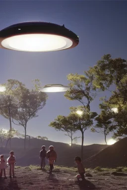 school kids see ufo with three lights underneath the year is 1966 in color, concept art, by Asaf Hanuka, by Weta Digital, Electric Colors, Screen Space Global Illumination, in a symbolic and meaningful style