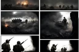 Masterpiece1:5)(Fineart), (award-winning:1.5), highest quality, (ultra realism:1.5) war journalism(,(by Tim Page and Hoorst Faas:1.5))(photorealistic:1.8), (Eastern Ukraine:(panel one:the moment after a battle ends, horrors of war, wounded men),(2nd panel, cinematic shot of men sitting in trench with 1000 yard stare (focus on their eyes:1.5)),(the third panel shows troops tired but hyper alert), (the fourth panel shows the sky is filled with incessant, fire and smoke,)