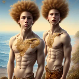 intricate, sharp focus, highly detailed, digital painting, Paul Lewin and Kehinde Wiley, full body image of a beautiful 12 year old boy with long, blonde curly hair and light blue eyes, smiling, shirtless, in front of an distant beach