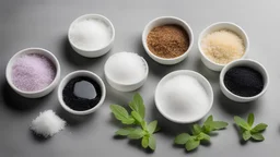 glass bowls with different types of sugar on the table, white, black, stevia