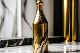 photographie d'une magnifique bouteille en or posée sur une table en marbre blanc zébré comme dans l'antiquité, comme sur l'olympe. Très précis, très intriqué, très stylisé, très propre et épuré, hd, 8k, effet octane