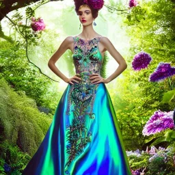 gorgeous model wearing the most beautiful, iridescent, stunning gown made of gossamer, flowers, greens, blues, Vogue magazine cover,centered, intricate headwear, ornate, 8k, high-quality, fine-detail, intricate, digital art, detailed matte, brian froud, howard lyon, Anna Dittman, Anne Stokes, greg Rutowski