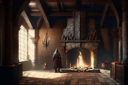 Interior of castle, warrior monk stands before the fireplace